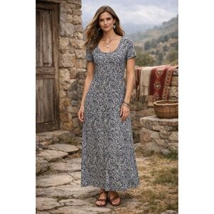 Peruvian Connection Gray Paisley Cotton Maxi Dress Short Sleeve Peru Medium